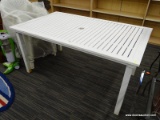 METAL PATIO TABLE; WHITE METAL RECTANGULAR PATIO TABLE WITH SLAT STYLE TOP, AND UMBRELLA HOLE. SITS
