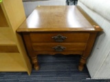 VINTAGE WOODEN END TABLE; LIGHT WOOD RECTANGULAR TOP WITH ROUNDED EDGES, SINGLE DRAWER WITH DOUBLE