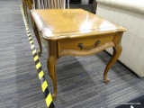 VINTAGE WOODEN END TABLE; LIGHT WOOD RECTANGULAR TOP WITH CURVED ROUNDED EDGES, SINGLE DOVETAIL