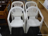 SET OF PATIO CHAIRS; SET OF 4 WHITE PLASTIC PATIO CHAIRS WITH FAN BACK PATTERN. EACH MEASURES 21.5