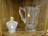 2 PIECE LOT; INCLUDES A GLASS PITCHER AND A PRESSED GLASS SUGAR DISH.