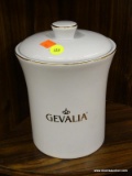 GEVALIA CANISTER; WHITE AND GOLD RIMMED PORCELAIN CANISTER WITH LIFT TOP. MEASURES 6 IN X 9 IN