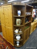 CORNER BOOKCASE; 5 SHELF CORNER BOOKCASE WITH WOOD FINISH. MEASURES 1 FT IN X 1 FT IN X 6 FT