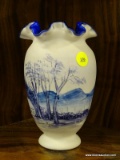 VINTAGE SIGNED FENTON VASE; HAND PAINTED WHITE FENTON VASE WITH BLUE INSIDE AND ON THE RUFFLED TOP.