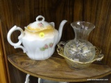 3 PIECE LOT; INCLUDES A ROSE PAINTED TEA POT, A VINTAGE GOLD PAINTED AND FLORAL PATTERN 2 HANDLED