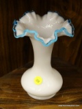 ART GLASS VASE; RUFFLED EDGE MILK GLASS AND OPALESCENT RIMMED ART GLASS VASE IN EXCELLENT CONDITION.