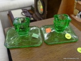 PAIR OF URANIUM GLASS CANDLESTICK HOLDERS; ETCHED URANIUM GLASS CANDLESTICK HOLDERS IN VERY GOOD