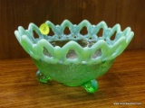 URANIUM GLASS BOWL; PIERCED & OPALESCENT EDGE BOWL WITH A FLORAL PATTERN. MEASURES 6.5 IN X 3 IN