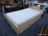 X-LONG TWIN BED WITH MATTRESS; PINE FRAME WITH GALLERY BACK, UPPER STORAGE AREAS, AND UPPER LIFT LID