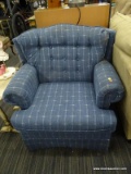 ARM CHAIR; BLUE UPHOLSTERED ARM CHAIR WITH BUTTON TUFTED BACK AND ROLLED ARMS. HAS A REMOVABLE SEAT