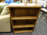 WOODEN SHELF; TWO ADJUSTABLE SHELVES, THREE SHELF SPACES, 3FT 6IN TALL X 2FT 6IN WIDE X 1FT DEEP.