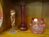CRANBERRY GLASS LOT; INCLUDES A CRANBERRY GLASS GOLD AND WHITE PAINTED BUD VASE, A CRANBERRY GLASS
