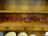 CRANBERRY GLASS LOT; INCLUDES 2 JUICE GLASSES, 2 BUBBLE PATTERN JUICE GLASSES, A ROSE BOWL, A