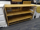 WICKER TV SHELF STAND; WICKER TV TABLE WITH TWO SHELVES BELOW. APPROX 2FT 7IN TALL X 4FT WIDE X 15IN