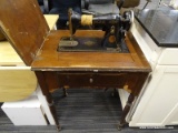 VINTAGE SEWING MACHINE AND TABLE; WOODEN SEWING TABLE AND END TABLE, AND VINTAGE SINGER SEWING