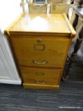 WOODEN FILING CABINET;TWO DRAWER FILING CABINET WITH A LOCKING TOP DRAWER.