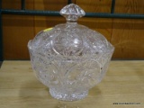 LIDDED CRYSTAL BOWL; CRYSTAL BOWL AND LID WITH CARVED FLORAL DESIGNS.