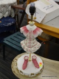 PORCELAIN DRESS AND SHOES LAMP; PORCELAIN LAMP OF A PINK AND WHITE FLORAL DRESS AND PINK HIGH HEEL