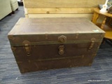 VINTAGE METAL CHEST AND CONTENTS; CHEST IS 3FT LONG X 1FT 7IN WIDE X 1FT 8IN TALL, AND HAS A LEOPARD