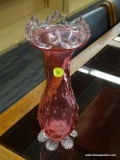 VINTAGE CRANBERRY GLASS VASE; BEAUTIFUL UNIQUE CRANBERRY GLASS VASE WITH CLEAR RIGID GLASS EDGES,