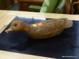 CARVED WOODEN DUCK; HIGHLY DETAILED HAND CARVING OF A DUCK. SLIGHT DAMAGE TO THE TAIL. 