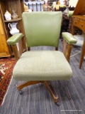 MID-CENTURY MODERN OFFICE CHAIR; OLIVE GREEN BACK, PADDED ARMS AND UPHOLSTERED FABRIC SEAT WITH A