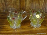 VASELINE GLASS SUGAR AND CREAMER SET; VINTAGE VASELINE GLASS SUGAR AND CREAMER WITH YELLOW FLOWER