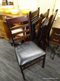 WOODEN FOLDING CHAIR; SET OF 4 WOODEN FOLDING CHAIRS WITH BLACK UPHOLSTERED SEATS. MEASURES 1 FT 4.5