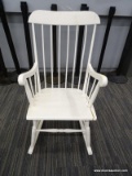 HIGH BACK VINTAGE ROCKING CHAIR; WHITE PAINTED WOODEN ROCKING CHAIR WITH HIGH BACK, AND ROLLED ARMS.