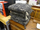 SET OF CHAIR CUSHIONS; SET OF 4 BLACK AND TAN CUSHIONS WITH LEAF PATTERN AND VELCRO TIE ON STRAPS.