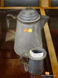 ENAMEL COFFEE POT AND CREAMER; GREY ENAMEL COFFEE POT USED FOR CAMPING OR FISHING. POT HAS SIDE