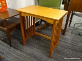 WOODEN SIDE TABLE; RECTANGULAR WOODEN SIDE TABLE WITH SLATTED SIDES, SINGLE BRACE BAR ON THE BACK,