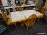 TILE TOP KITCHEN TABLE AND CHAIRS; SALOOM FURNITURE COMPANY ROUNDED RECTANGULAR WOODEN DROP LEAF