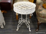 WROUGHT IRON PLANT HOLDER; WHITE ROUND METAL AND WROUGHT IRON PLANT HOLDER WITH ROUND TOP WITH