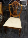 SHERIDAN SHIELD BACK CHAIR; BASSETT FURNITURE WOODEN SIDE CHAIR WITH SHIELD BACK AND CREAM COLORED