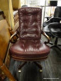 HIGH BACK EXECUTIVE OFFICE CHAIR; BURGUNDY BUTTON TUFTED LEATHER-LOOK BACK AND SEAT WITH ROLLED