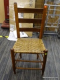 WOODEN BAR HEIGHT CHAIR; NAVY BLUE UPHOLSTERED BACK AND SEAT SITTING ON A SQUARED WOODEN BAR HEIGHT