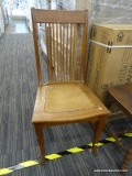 VINTAGE PRESSED BOARD SEAT CHAIR; WOODEN SIDE CHAIR WITH FLORAL PATTERNED PRESS BOARD SEAT AND