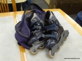 PAIR OF ROLLERBLADES; PAIR OF UNISEX SPEED TRAC ABEC-1 ROLLER BLADES. UNSURE OF SIZE. COMES IN