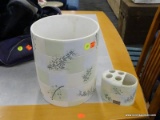 RAINIER BATHROOM SET; 2 PIECE SET TO INCLUDE A WASTEBASKET AND A TOOTHBRUSH HOLDER. BOTH ARE WHITE,