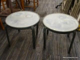 PAIR OF PATIO SIDE TABLES; PAIR OF PATIO SIDE TABLES EACH WITH FROSTED ROUND GLASS TOP AND A SAGE