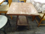 VINTAGE WOODEN TABLE; BROWN PAINTED WOODEN TABLE WITH PLANK STYLE TOP, AND 4 TAPERED LEGS WITH LOWER