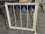 VINTAGE STAINED GLASS WINDOW; BEAUTIFUL VINTAGE WHITEWASHED WINDOW WITH 4 RECTANGULAR PANELS. EACH