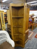 VINTAGE WOODEN CORNER SHELF; UNIQUE WOODEN CORNER SHELVING UNIT WITH 4 CURVED SHELVES. MEASURES 1 FT