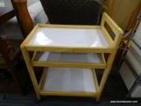 ROLLING KITCHEN CART; LIGHT WOOD GRAIN FRAME WITH WHITE UPPER AND LOWER SHELF, AND REMOVABLE MIDDLE