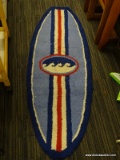 POTTERY BARN RUG; DARK BLUE, LIGHT BLUE AND RED SURFBOARD SHAPED BLOOD. 100% WOOL. MADE BY POTTERY