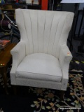 FANBACK SIDE CHAIR; VINTAGE OFF-WHITE COLORED SIDE CHAIR WITH FAN BACK, CURVED ARMS, AND REMOVABLE