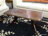 VINTAGE MAHOGANY COFFEE TALE; RECTANGULAR COFFEE TABLE WITH ROUNDED EDGES. SITS ON DOUBLE PEDESTAL