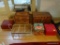(DR) LOT OF DECORATIVE BOXES; INCLUDES WOODEN CARVED LIFT TOP BOX, RED VELVET BOX, HALLOWEEN THEMED