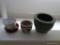 (BR1) SHELF LOT; LOT OF 3 PLANTERS- TALLEST- 5 IN. AND A PLANTER WITH SILK FLOWER ARRANGEMENTS- 17
